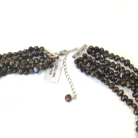 Sterling Silver 5 Row Dark Brown & Multi-Color Coin Pearl Necklace 17 1/2”-19” L - Picture 4 of 5